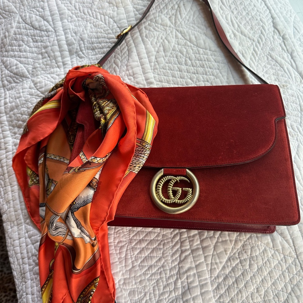 Gucci Red Suede Shoulder Bag with Gold GG Hardware and Orange Scarf